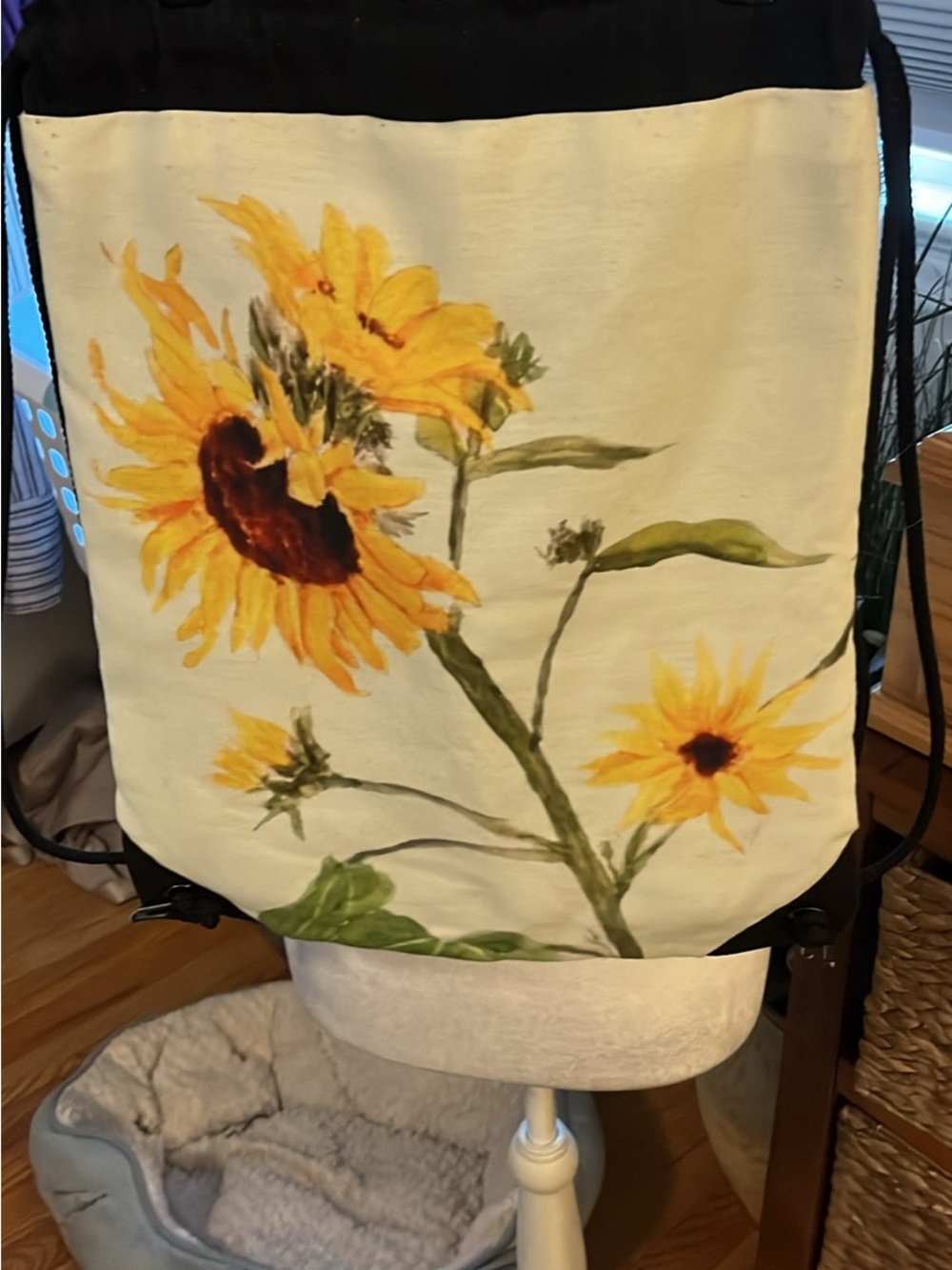 Sunflower Canvas Drawstring Backpack - Yellow Floral Design